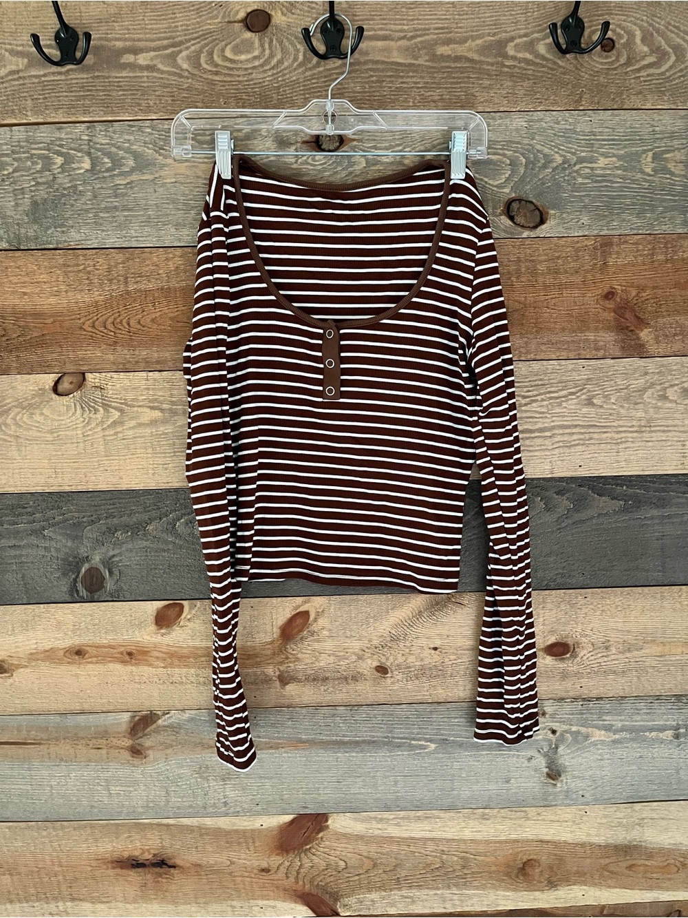 SHEIN Striped Long-Sleeve Scoop Neck Top in Brown and White Size M